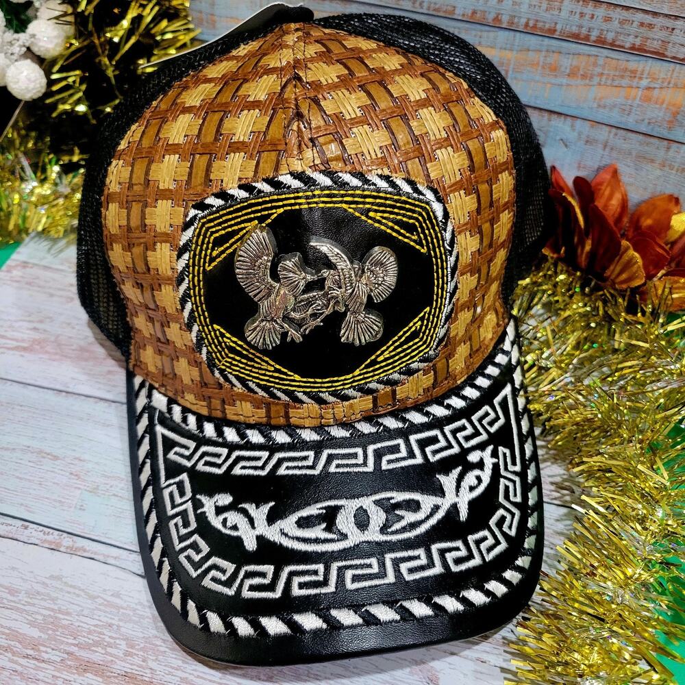 Fighting Roosters cap real Cow Hide patchwork black & Brown adjustable